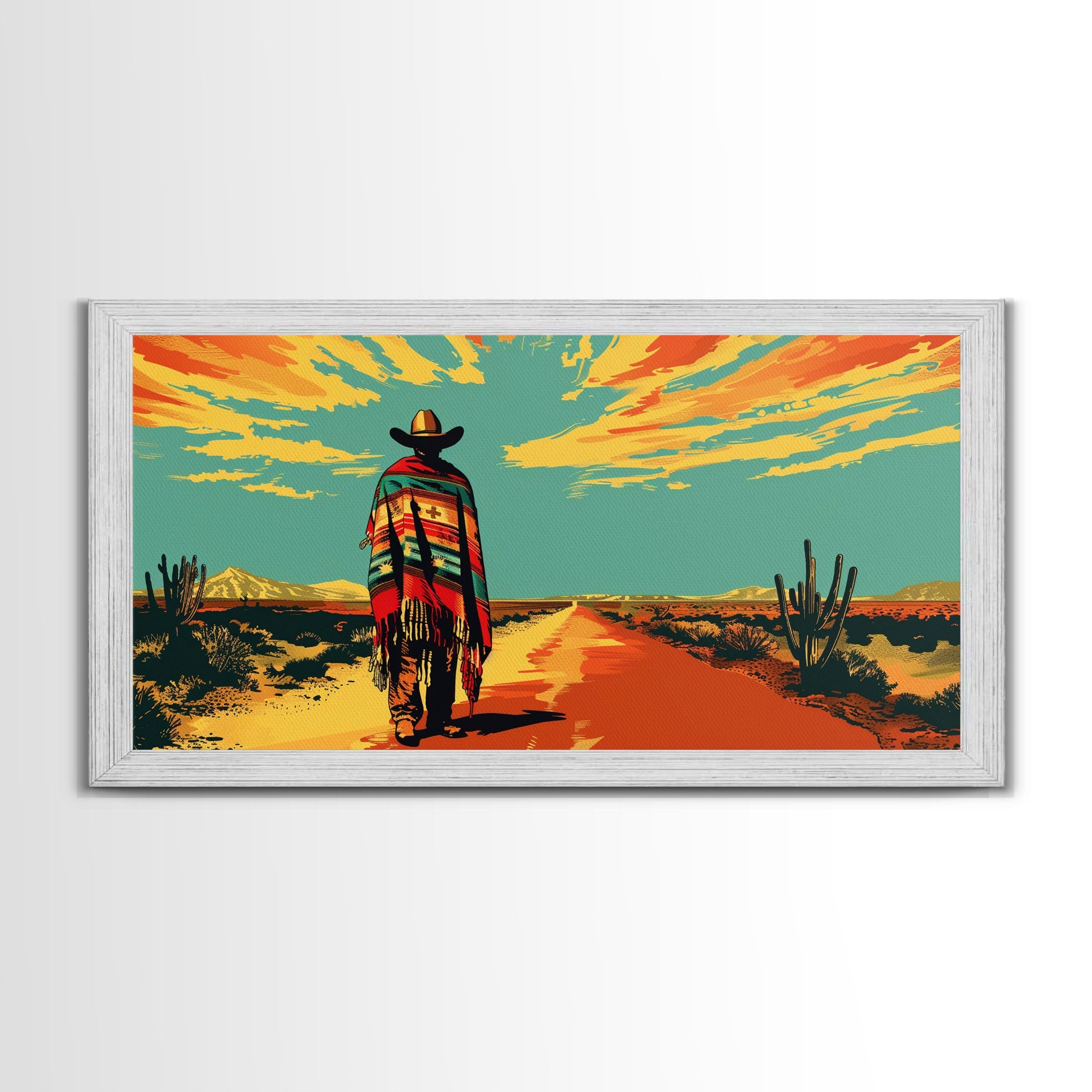Lone Cowboy with Cactus in Desert, Perfect Living Room Art, Framed Canvas Print, Rustic Home Decoration, Boho Wall Art